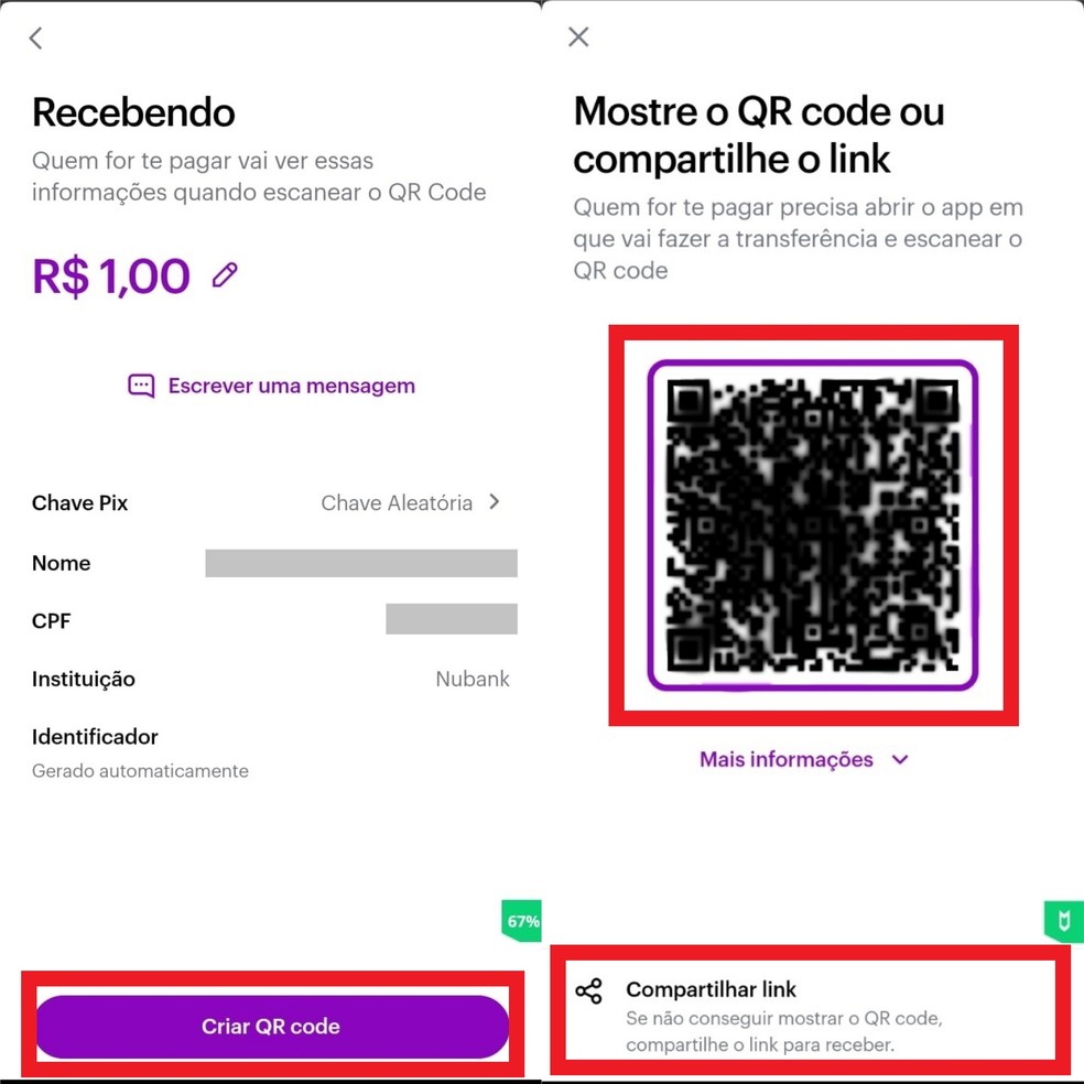 Crie um código QR ou compartilhe o link de cobrança — Foto: Reprodução/Clara Fabro