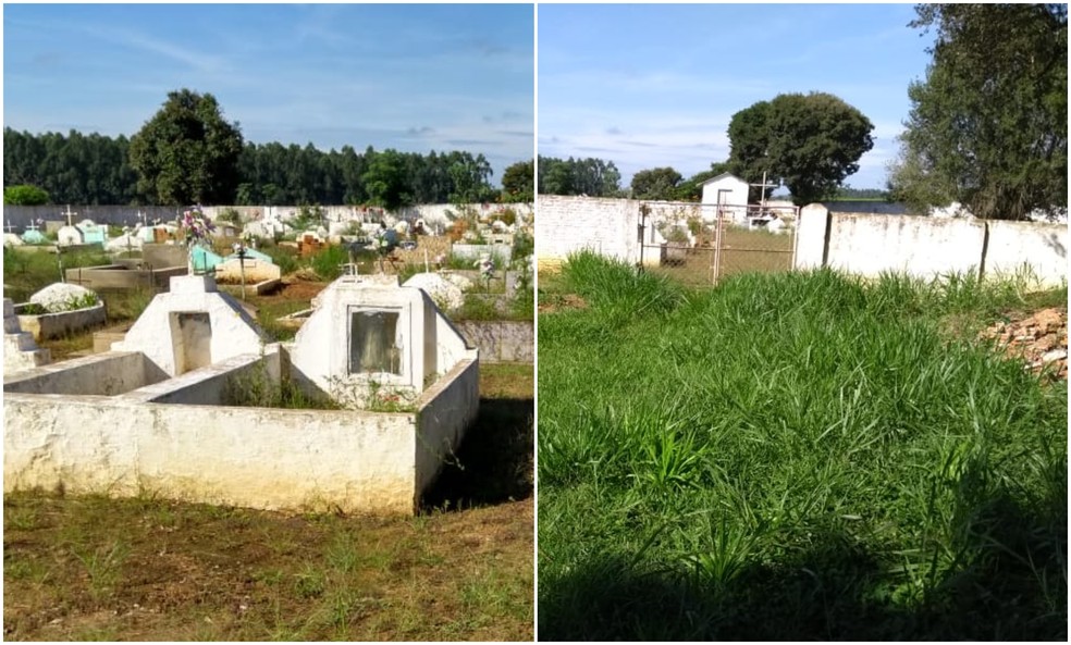 Prefeitura de Itararé diz que fez limpeza no cemitério recentemente, mas morador fez fotos que mostravam o mato alto no local na segunda-feira (4) — Foto: Eliseu Garcia/Arquivo pessoal