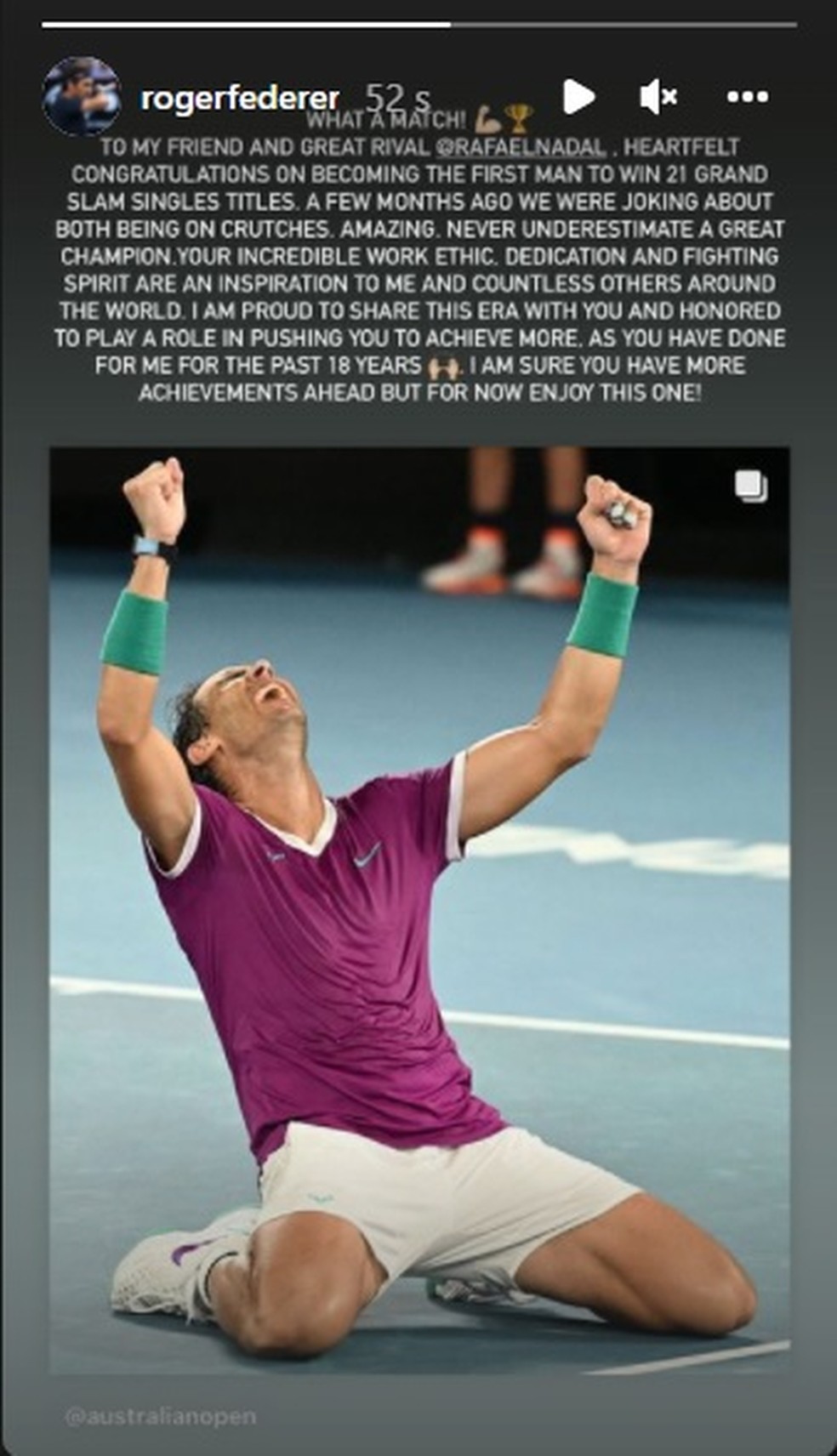 Postagem de Federer em homenagem a Rafael Nadal — Foto: Reprodução / Instagram