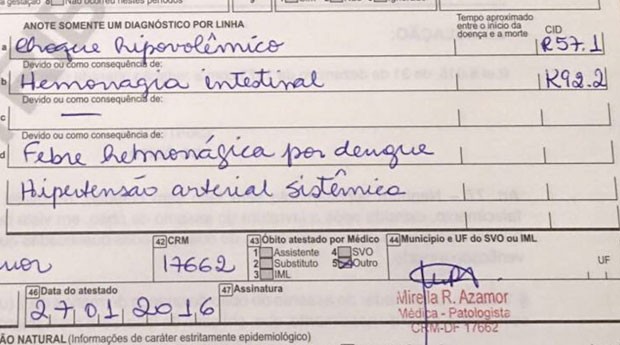 Laudo confirmando causa da morte de Maria Cristina Santana, cunhada do vice-governador do DF, Renato Santana (Foto: Reprodução)