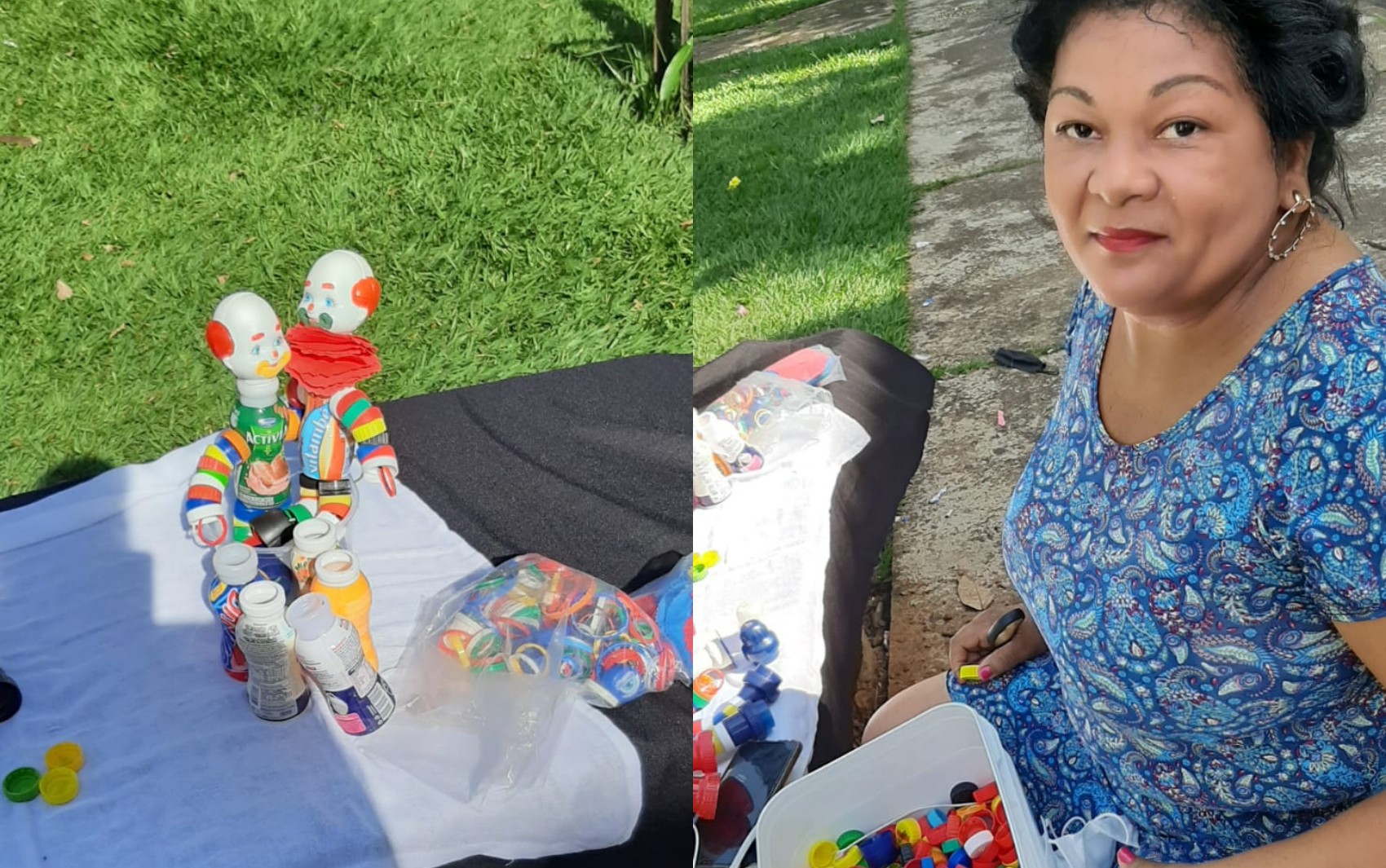Mulher faz brinquedos usando tampinhas de refrigerante e doa para crianças, em Goiânia