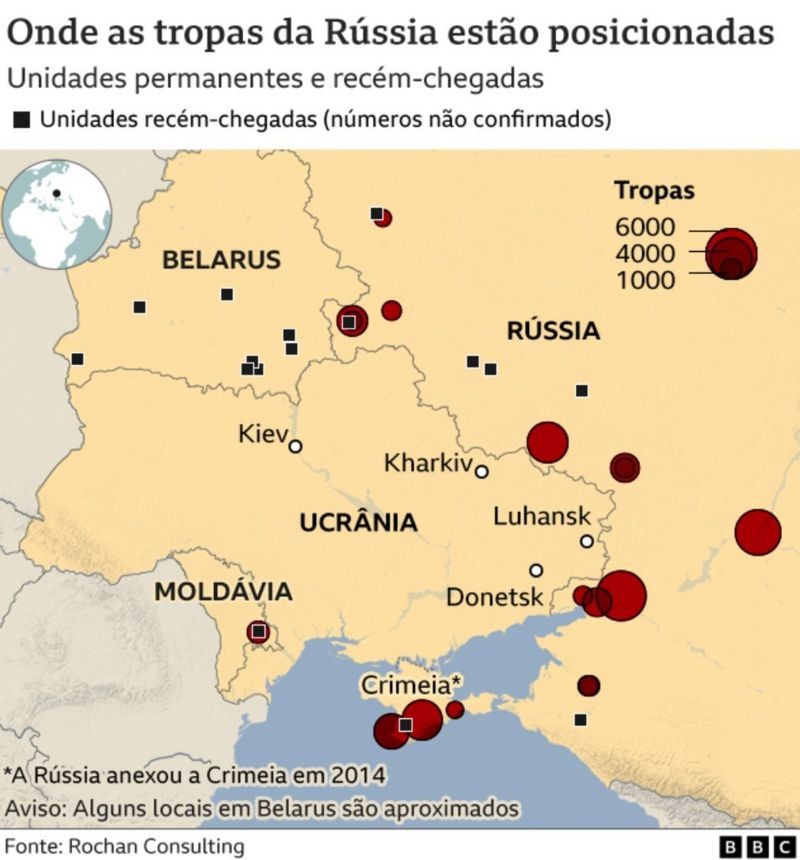 Onde as tropas da Rússia estão posicionadas (Foto: BBC News)