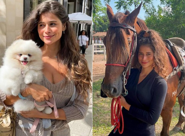 Isadora Cruz com uma das cadelas que é tutora e com um cavalo, sua paixão desde criança (Foto: Reprodução/Instagram)
