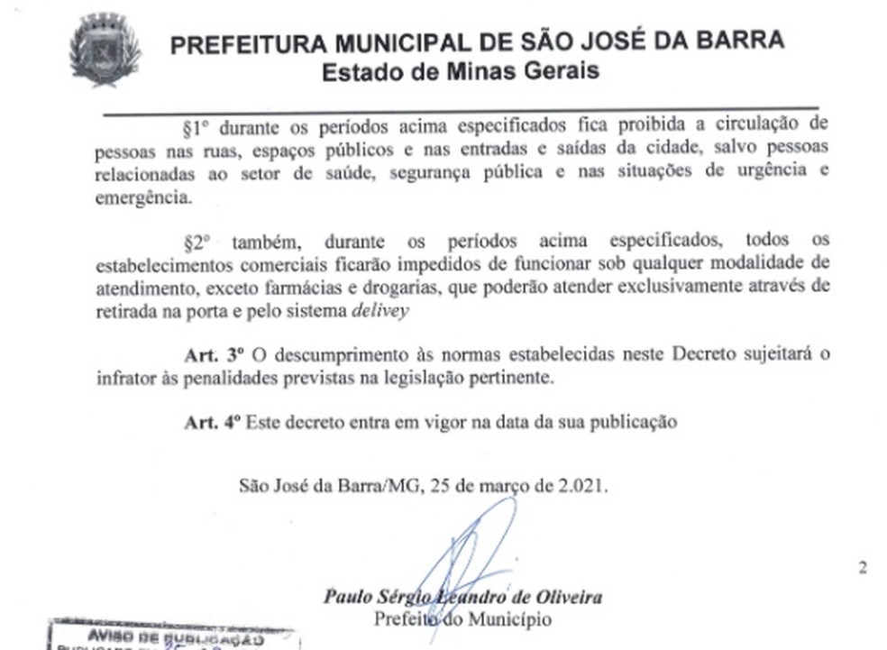 Decreto permite apenas abertura de farmácias e drogarias em São José da Barra (MG) — Foto: Reprodução/Prefeitura de São José da Barra