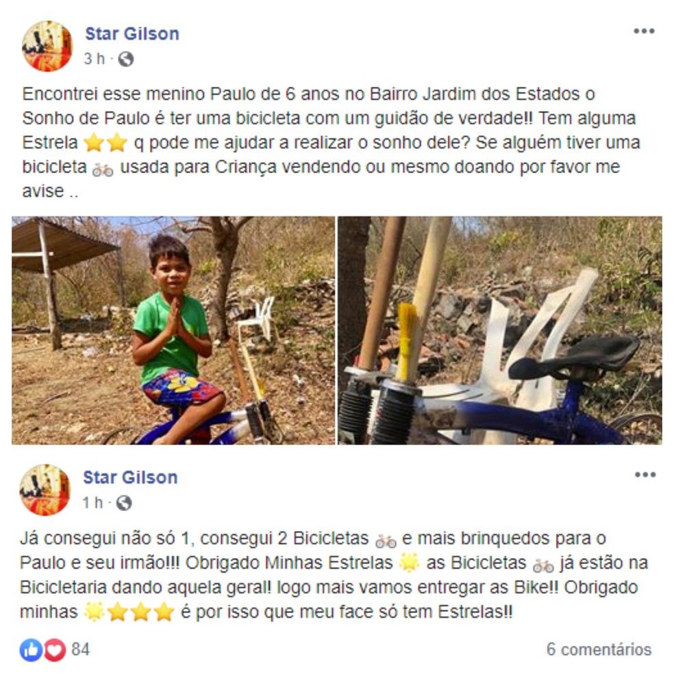 Paulo e o irmão ganharam bicicletas a partir da publicação de Gilson em uma rede social — Foto: Redes Sociais/Reprodução