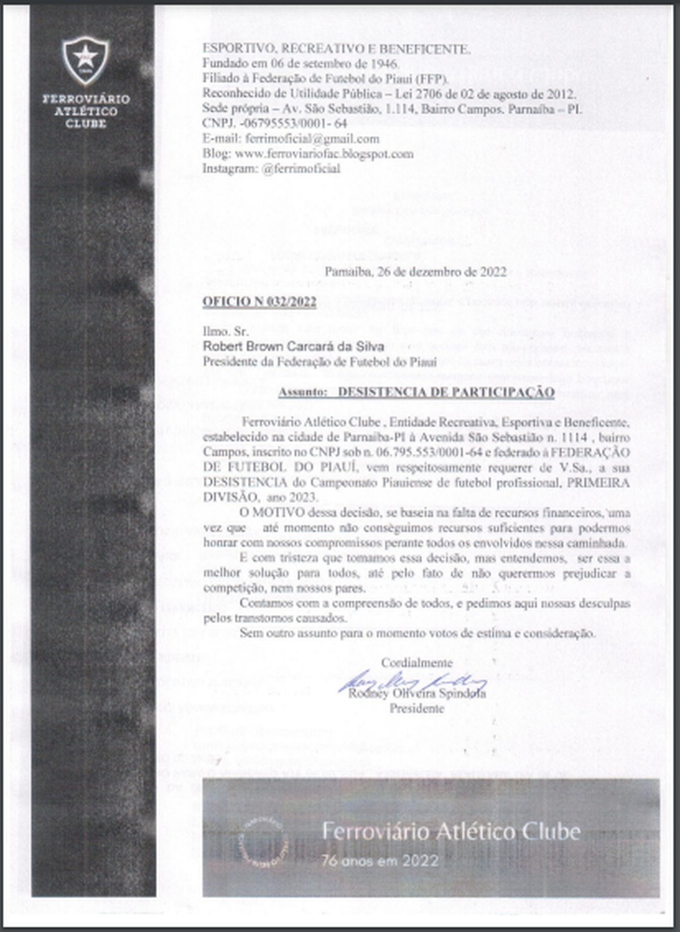 Ofício de desistência do Ferroviário-PI do Campeonato Piauiense — Foto: Reprodução