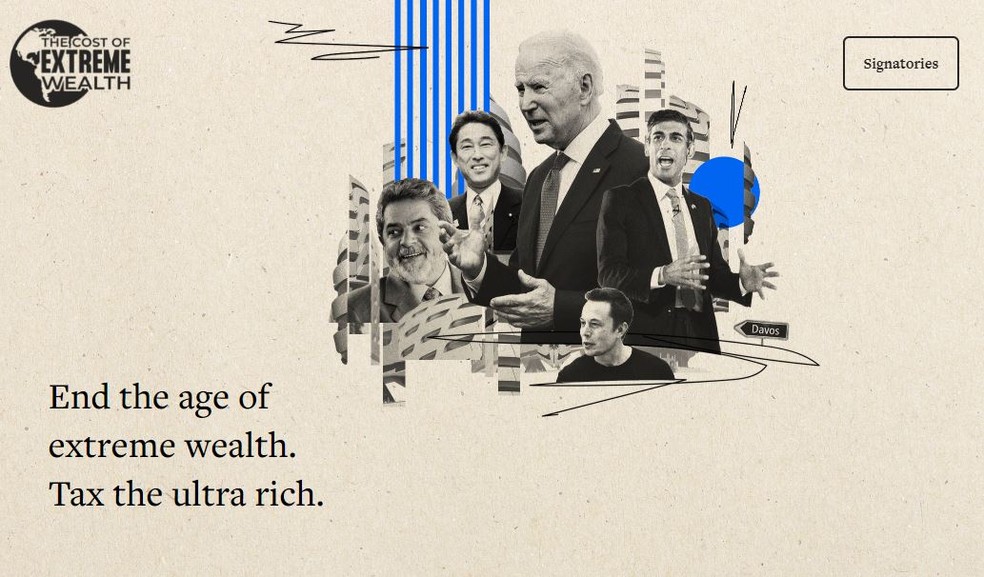 Imagem no site da carta que pede taxação dos super-ricos — Foto: Reprodução