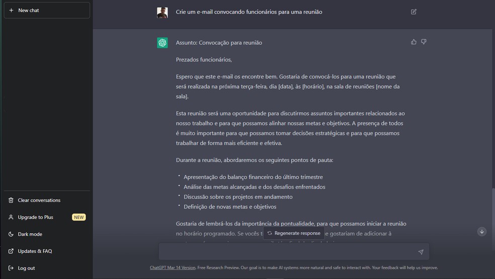 Template de e-mail de convocação gerado pelo ChatGPT  — Foto: Reprodução/Gabriel Pereira
