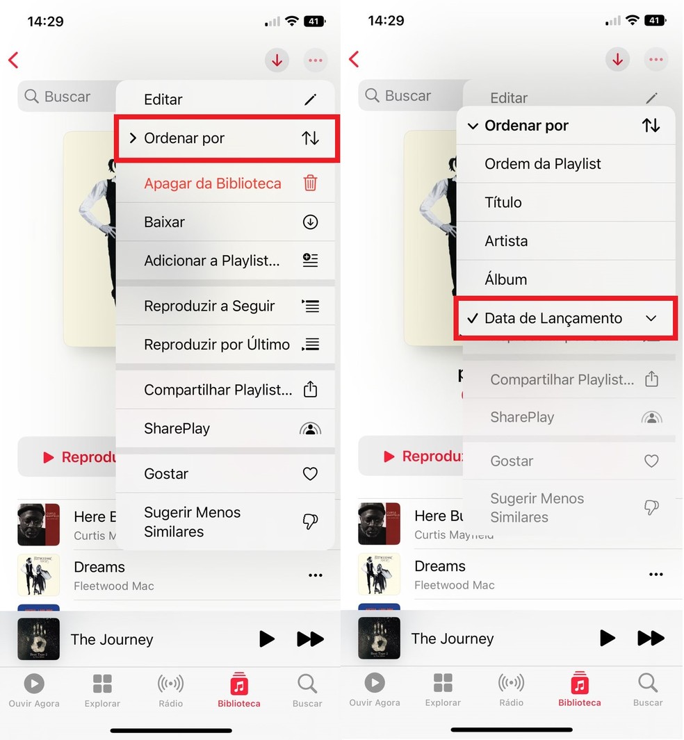 É possível ordenar músicas de playlists no Apple Music — Foto: Reprodução/Clara Fabro