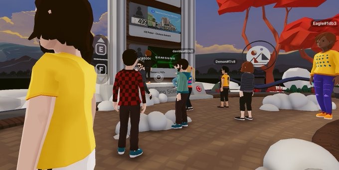 Avatares de usuários em fila para entrar no prédio da Samsung em Decentreland (Foto: Reprodução/Twitter)