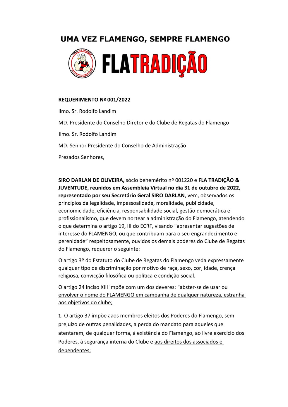Confira ofício que pede impeachment de Rodolfo Landim — Foto: Reprodução
