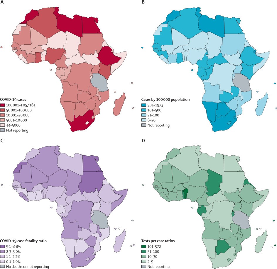 Em alguns países, como Cabo Verde, África do Sul, Líbia e Marrocos, as taxas de infecção diárias da segunda onda de Covid-19 foram comparáveis à média mundial. (Foto: The Lancet)
