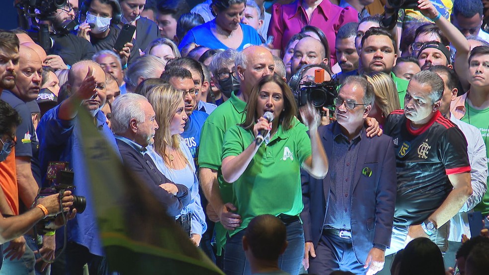 Flávia Arruda (PL) em convenção partidária no DF — Foto: TV Globo/Reprodução