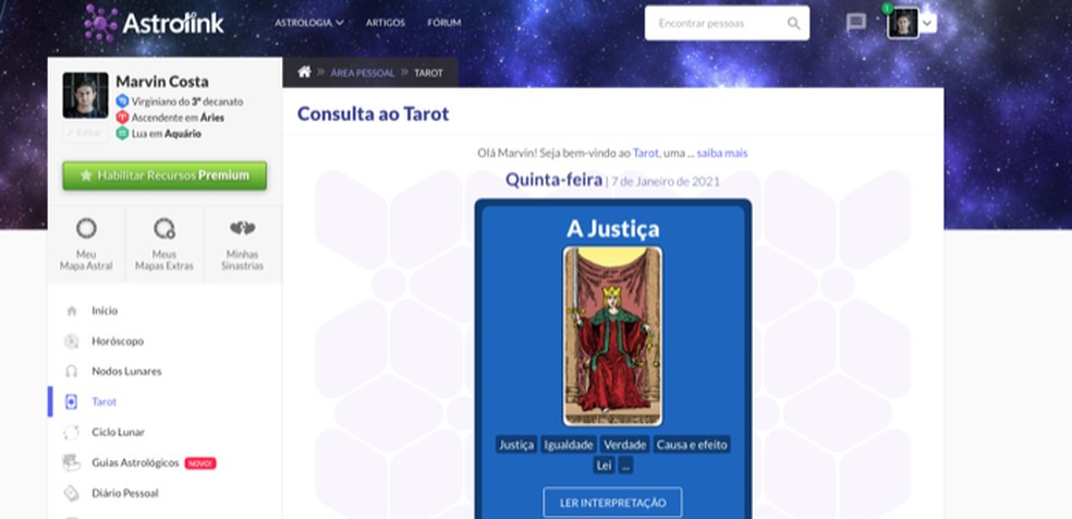 Astrolink é uma rede social que oferece consultas de tarot, horóscopo e mapa astral — Foto: Reprodução/Marvin Costa