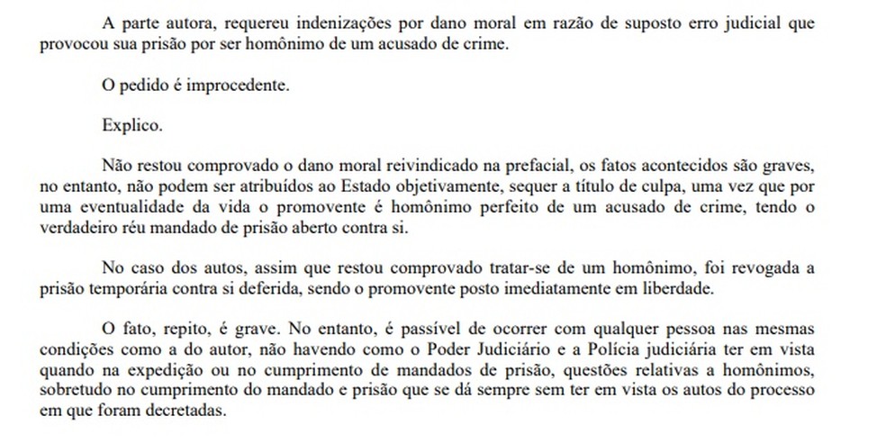 Decis�o de juiz de Itaporanga admite erro em pris�o de inocente, mas fala em "eventualidade da vida" � Foto: TJPB/Reprodu��o