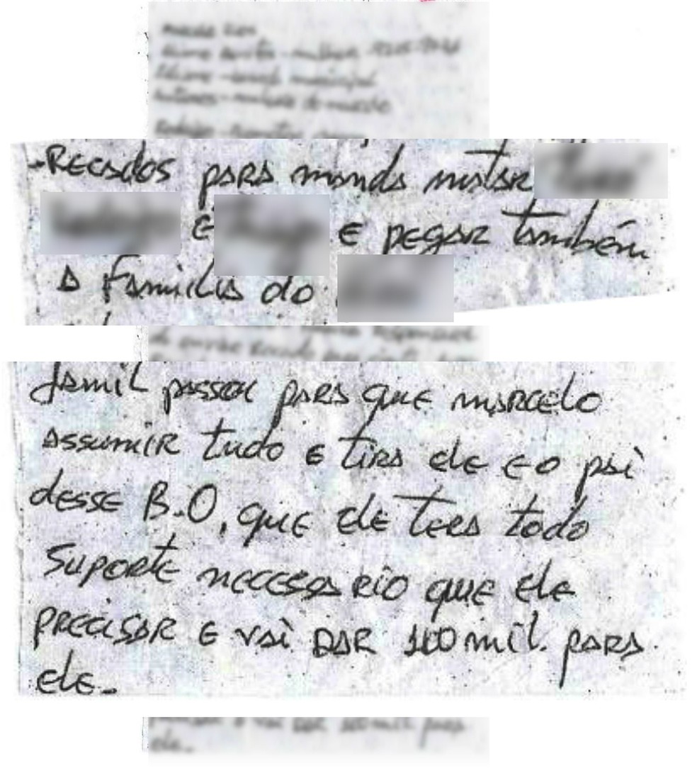 Trecho das supostas anotações da milícia do jogo do bicho com plano para matar promotor e delegado em MS — Foto: Reprodução/G1 MS