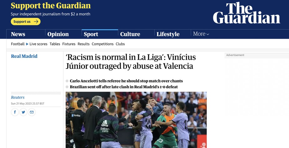 Britânico The Guardian repercute caso de racismo sofrido por Vini Jr.