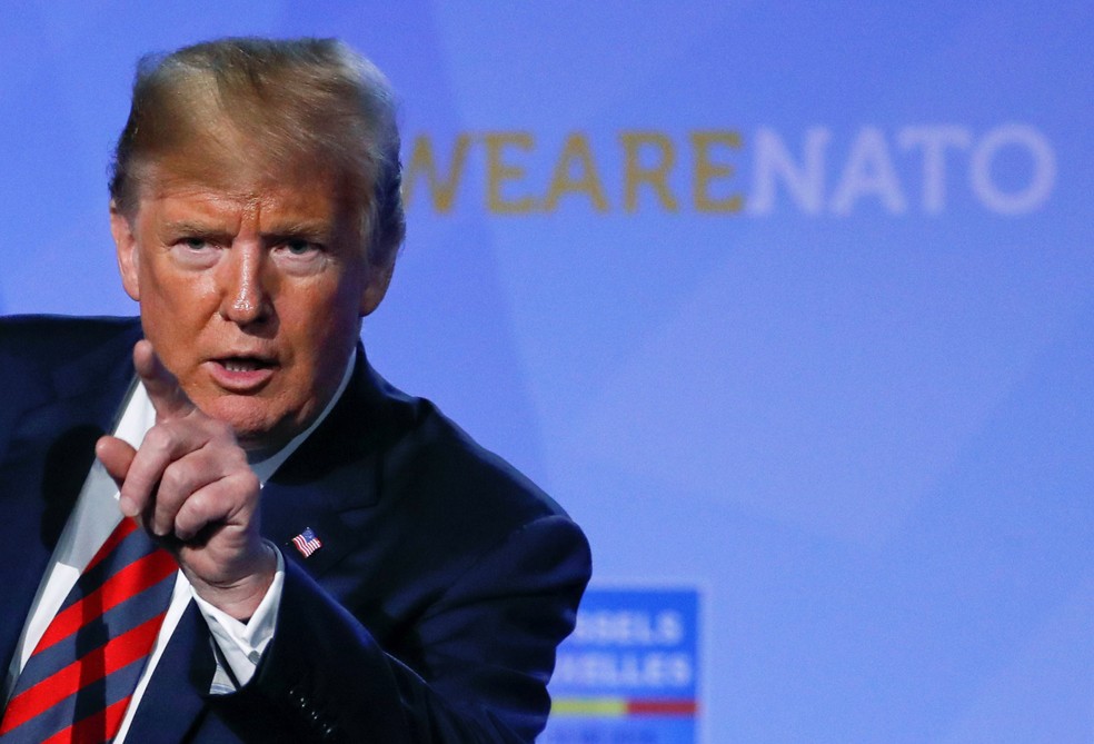 Presidente dos EUA, Donald Trump, participa de coletiva de imprensa apÃ³s participar de cÃºpula da Otan, em Bruxelas  (Foto: Yves Herman/ Reuters)