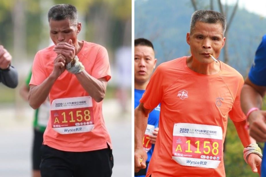 Maratonista chinês conhecido como tio Chen viraliza ao completar maratona fumando cigarros