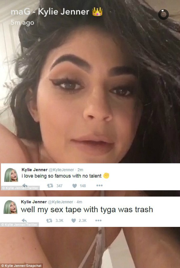 Kyie Jenner e dois dos tuítes publicados publicados por um hacker na conta na celebridade (Foto: Tw/Snapchat)
