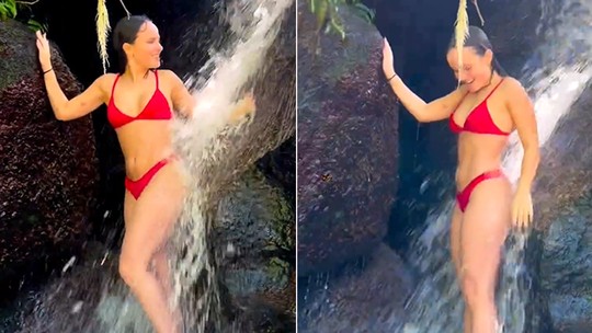 De biquíni vermelho, Larissa Manoela recarrega energias com banho de cachoeira; vídeo