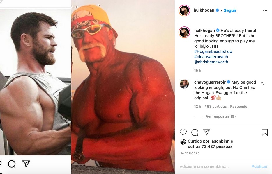 O post compartilhado por Hulk Hogan chamando atenção para os preparativos de Chris Hemsworth para interpretá-lo no cinema (Foto: Instagram)