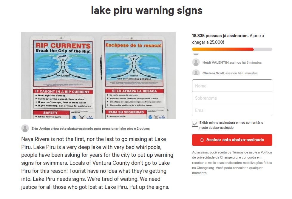 Abaixo-assinado para autoridades colocarem placas de alertas no Lago Piru, onde atriz Naya Rivera desapareceu (Foto: Change.org)