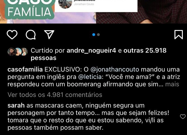 Comentário de Sarah Poncio expondo o ex-marido, Jonathan Couto, e Letícia Almeida (Foto: Reprodução/ Instagram)