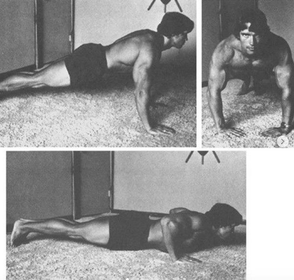Uma das fotos antigas compartilhadas pelo ator Arnold Schwarzenegger com lições de exercícios físicos a serem praticados em casa durante a quarentena do coronavírus (Foto: Instagram)