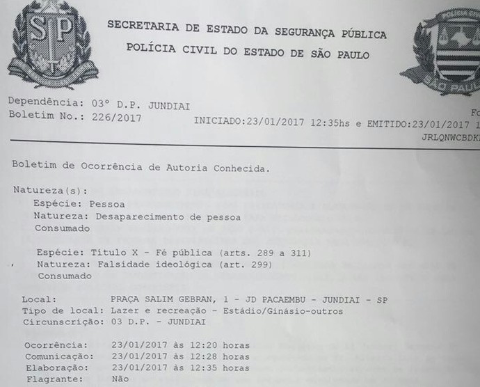 Boletim de ocorrência registrado pelo Paulista e Alberto contra Brendon (Foto: Arquivo Pessoal)