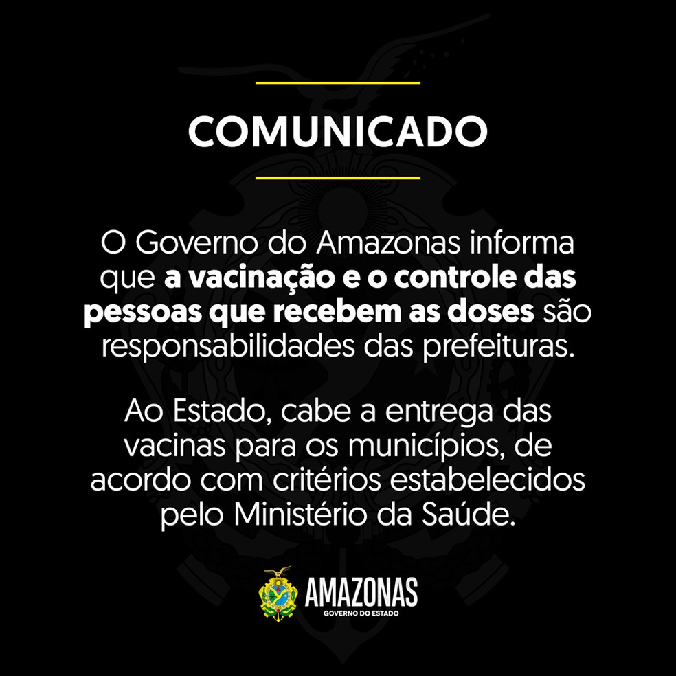 Governo do Amazonas diz que vacinação é responsabilidade de prefeituras. — Foto: Divulgação
