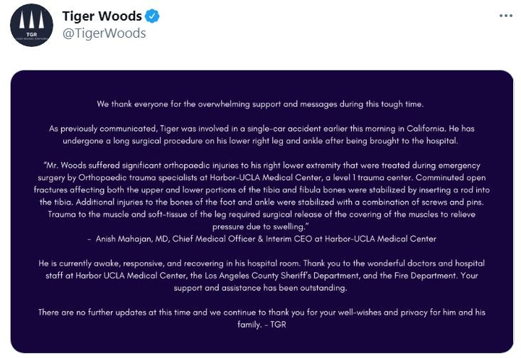 Comunicado oficial nas redes sociais de Tiger Woods (Foto: Reprodução / Twitter)