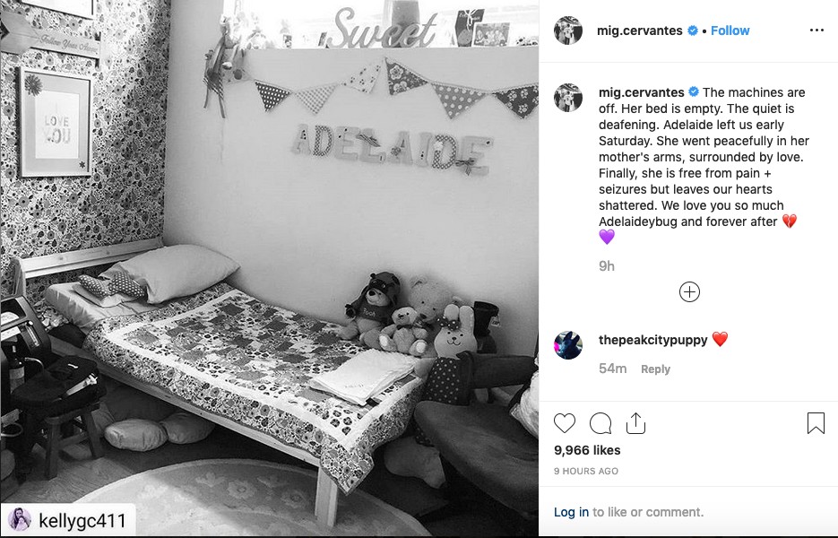 O post com o qual o ator Miguel Cervantes tornou pública a morte da filha dele de três anos (Foto: Instagram)