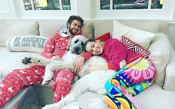A cantora Miley Cyrus e o ator Liam Hemsworth com um dos cachorros dos dois (Foto: Instagram)