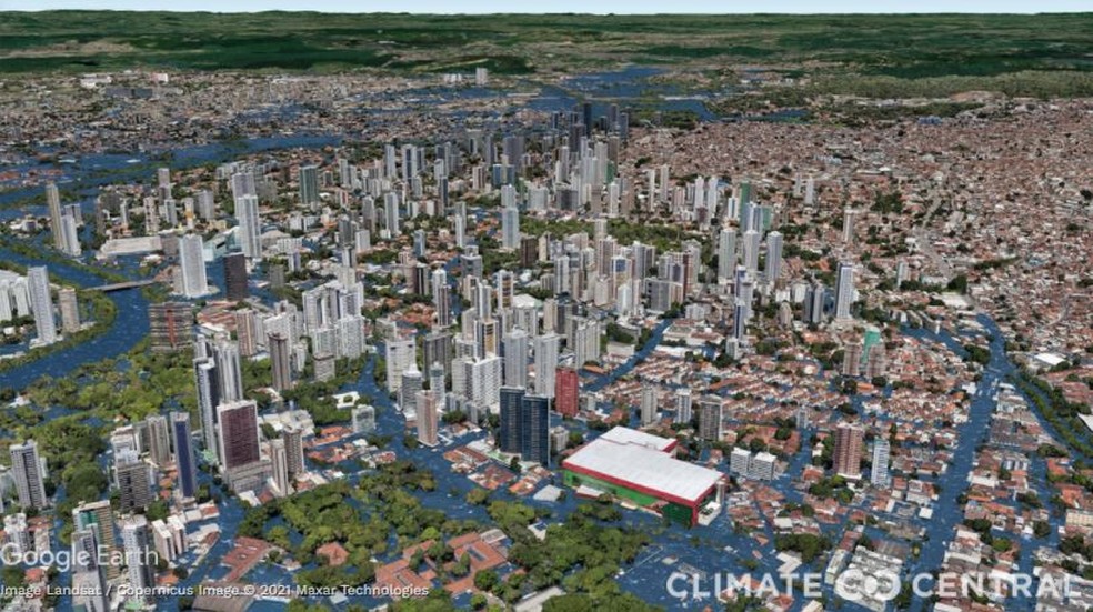 Recife, vista da região da Casa Amarela, projeção com aumento de 3°C na temperatura — Foto: Climate Central/Divulgação