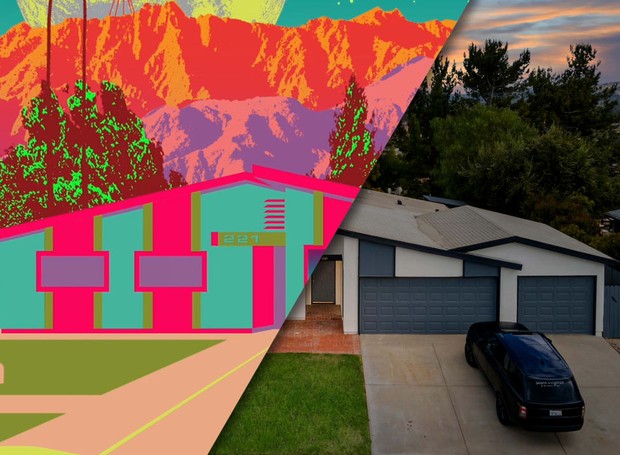 Na montagem, é possível perceber como o vídeo da artista Kii Arens pode ser sobreposto à casa em Thousand Oaks, Califórnia (Foto: Divulgação)