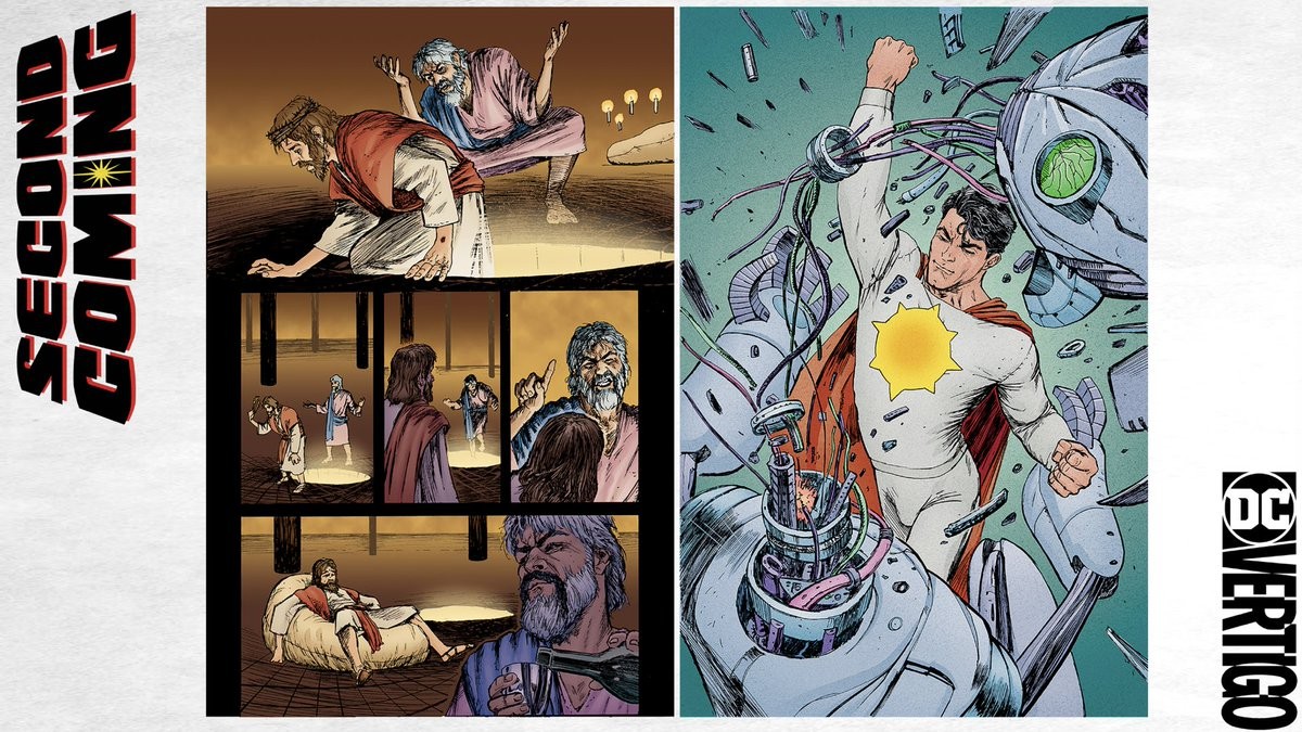 Páginas divulgadas pela editora DC Comics da revista cancelada protagonizada por Jesus e um amigo super-herói  (Foto: Divulgação)