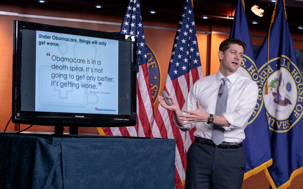 O presidente da Câmara dos EUA, Paul Ryan, durante apresentação do plano de substituição ao Obamacare (Foto: AP Photo/J. Scott Applewhite)