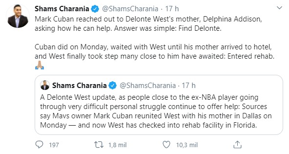 Post do jornalista Shams Charania falando sobre a ajuda recebida por Delonte West (Foto: reprodução Twitter)