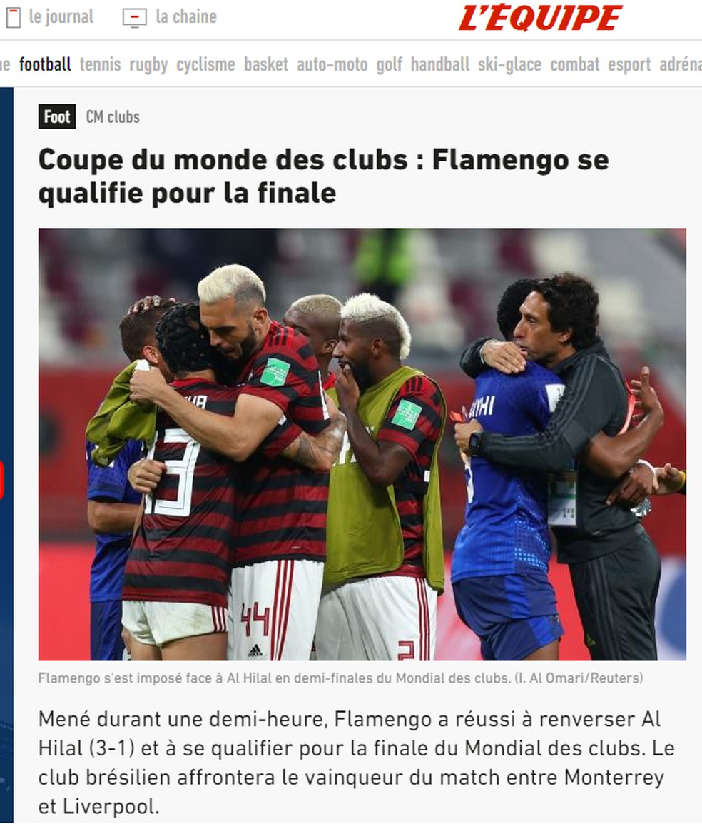Matéria do L'Équipe, da França, sobre a vitória do Flamengo — Foto: Reprodução