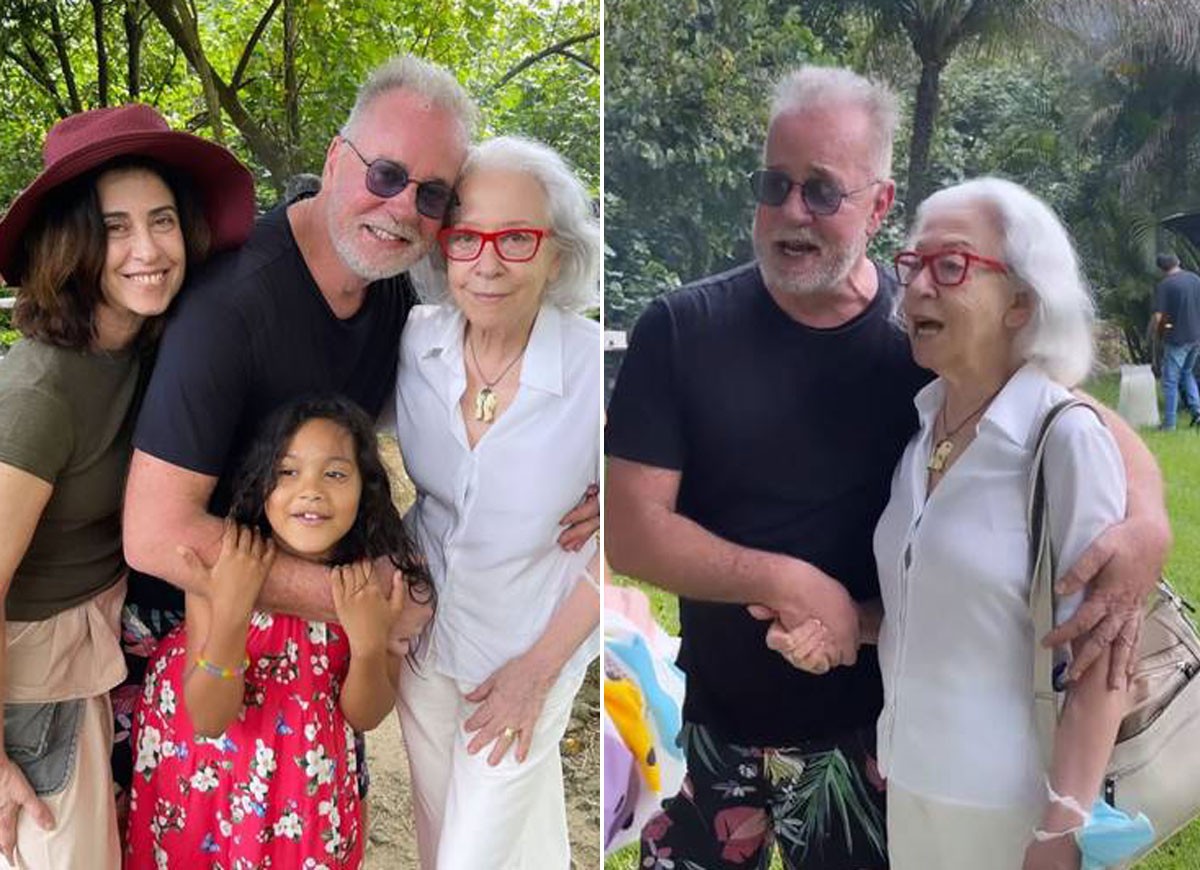 Fernanda Torres, Luiz Fernando Guimarães com a filha Olívia, e Fernanda Montenegro, na comemoração do aniversário de 72 anos do ator em novembro de 2021 (Foto: Reprodução/Instagram)