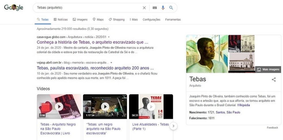 Página de pesquisa sobre o Tebas no Google  — Foto: Reprodução/Google