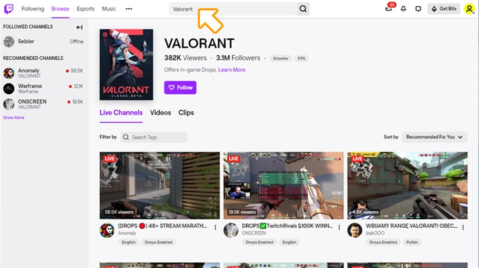 Procure por Valorant na Twitch e assista o máximo de gameplays possível até receber uma chave (key) — Foto: Reprodução/Rafael Monteiro