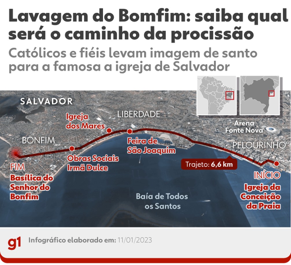 Mapa do trajeto da caminhada no dia da Lavagem do Bonfim, em Salvador — Foto: g1