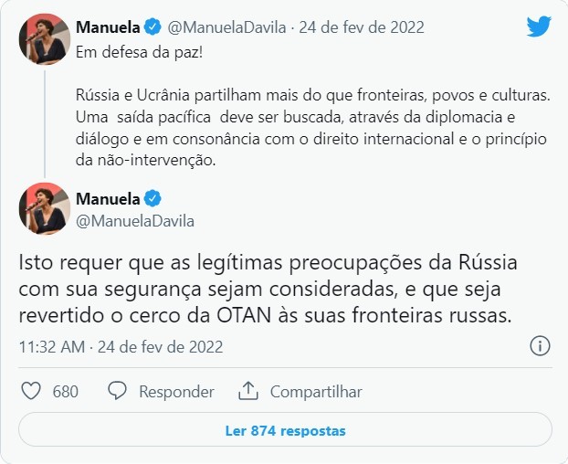 Tuíte da ex-deputada federal Manuela D'Ávila (PCdoB-RS) (Foto: Reprodução/Twitter)