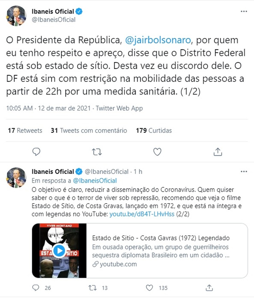 Governador Ibaneis Rocha rebate críticas do presidente Jair Bolsonaro em rede social — Foto: Twitter/Reprodução