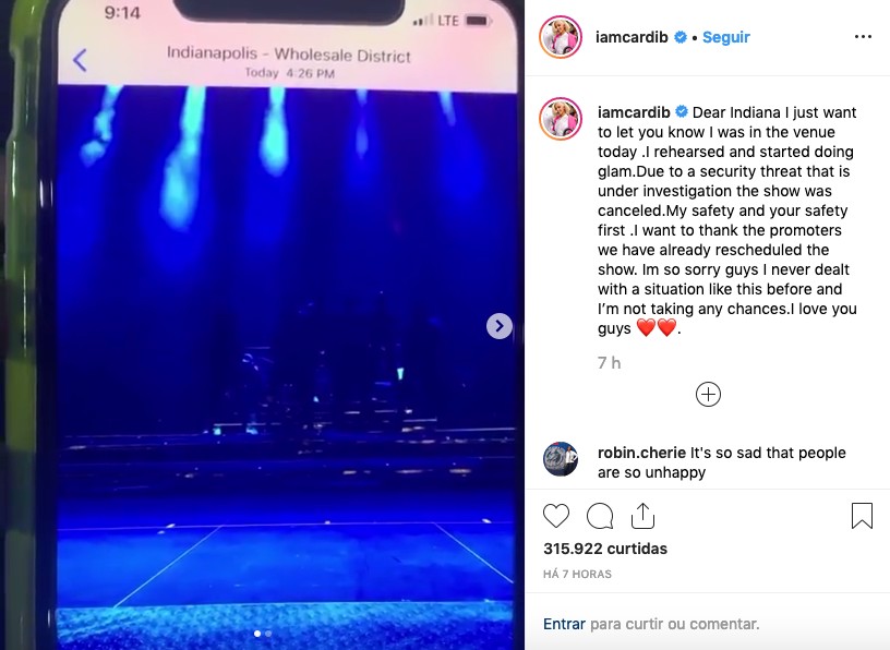 O post de Cardi B lamentando o cancelamento de seu show  (Foto: Instagram)