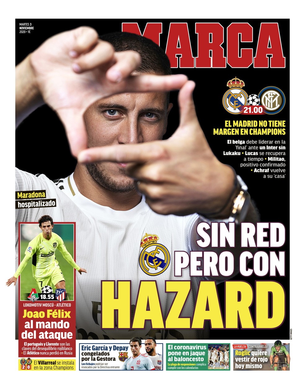 Jornal destacou Hazard como esperança do Real Madrid contra a Inter — Foto: Reprodução