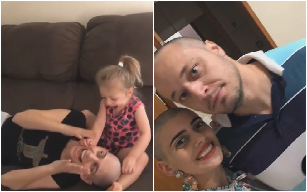 Dentista Jaqueline Faloni em momentos com a filha e o esposo durante o tratamento contra o câncer em Anápolis, Goiás — Foto: Reprodução/Instagram