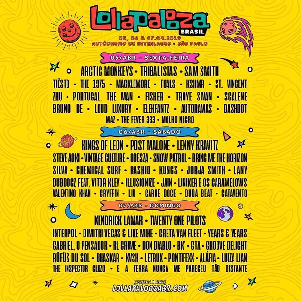 Lineup completo por dia do Lollapalooza 2019 (Foto: Reprodução/Instagram)